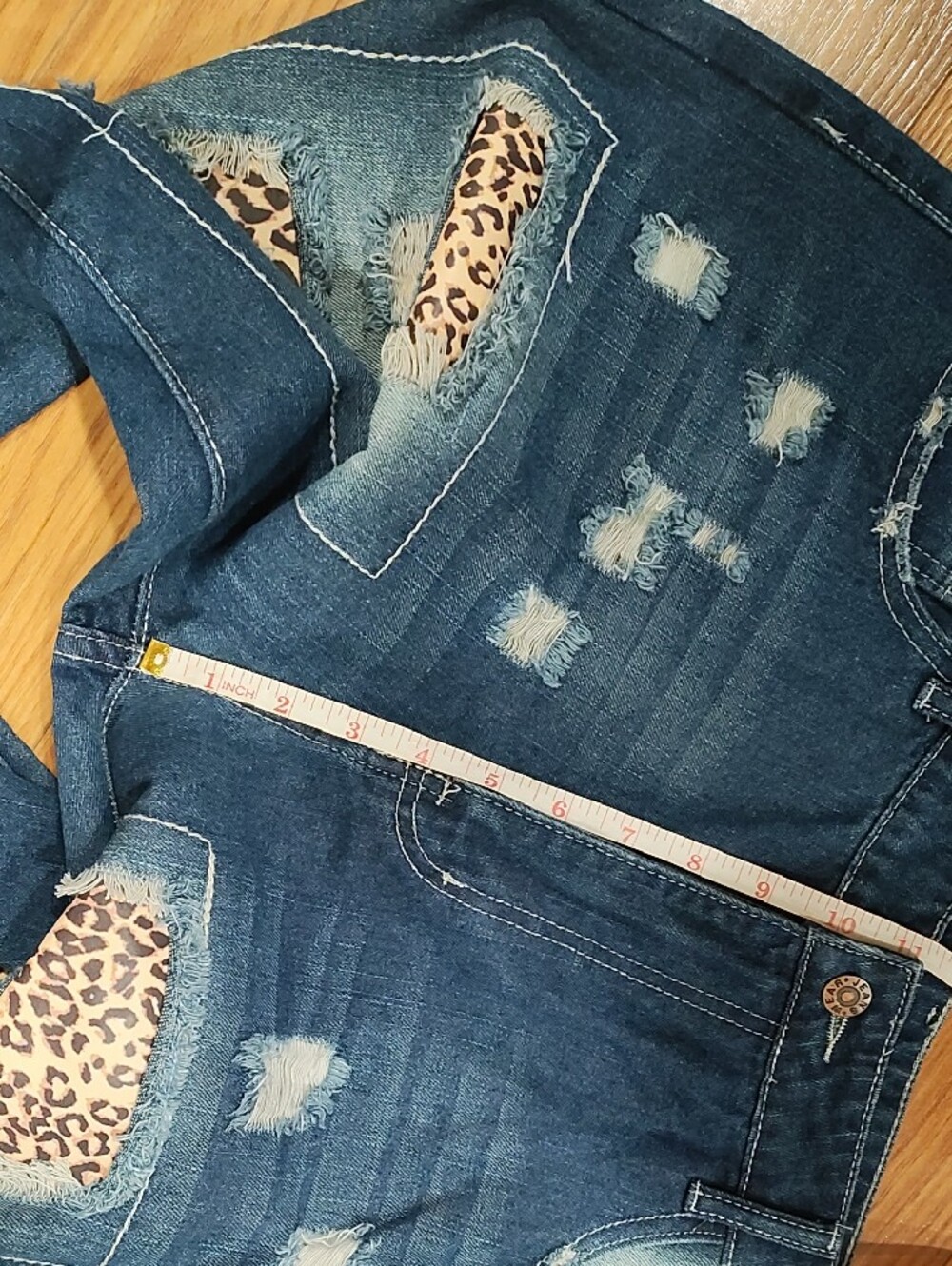 Source Unknown Dark Blue Distressed Boyfriend Jeans with Leopard Inserts - Picture 6 of 7